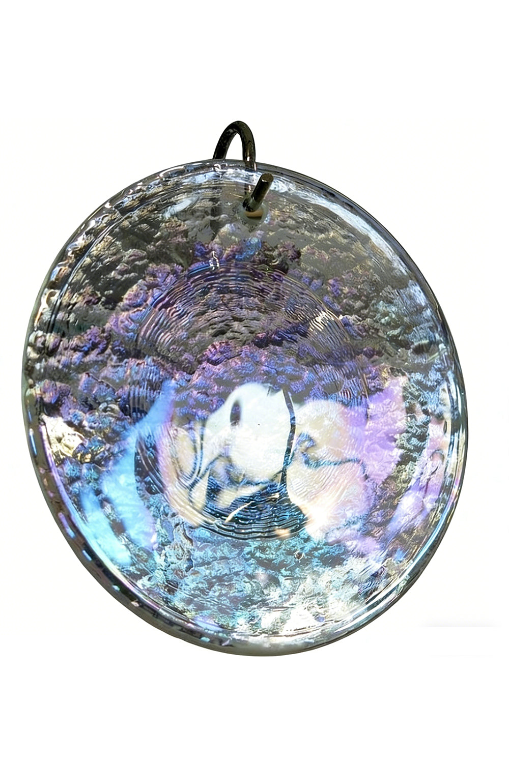 Single iridescent glass disc piece | Glass | Isolated detail of a hook-attached glass disc | vexa lamps