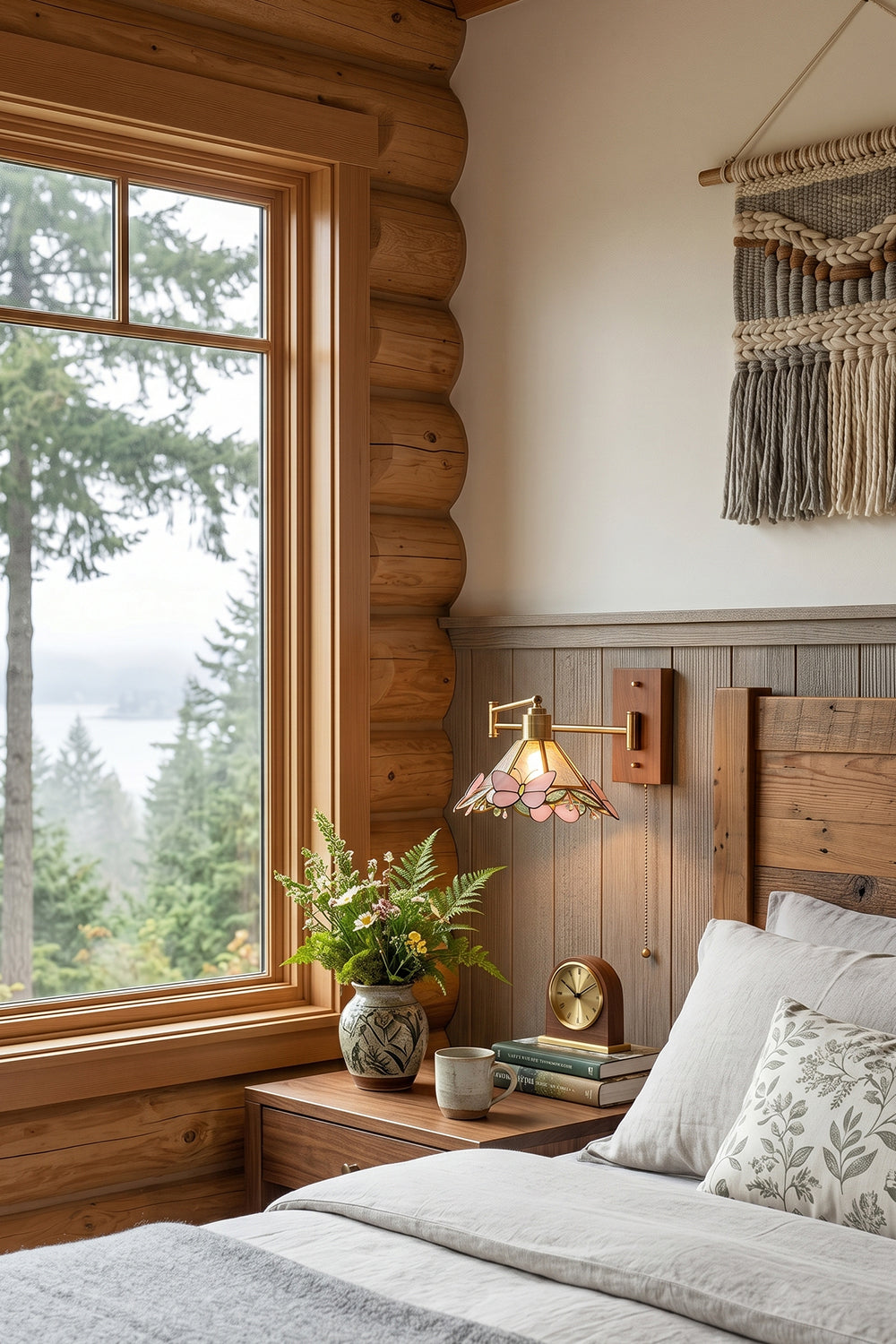 Iris Butterfly Stained Glass Wall Lamp | Stained Glass, Metal, Wood | Wall-mounted near a rustic wooden window frame in a cozy log cabin bedroom, creating a warm ambiance over a matching nightstand | vexa lamps