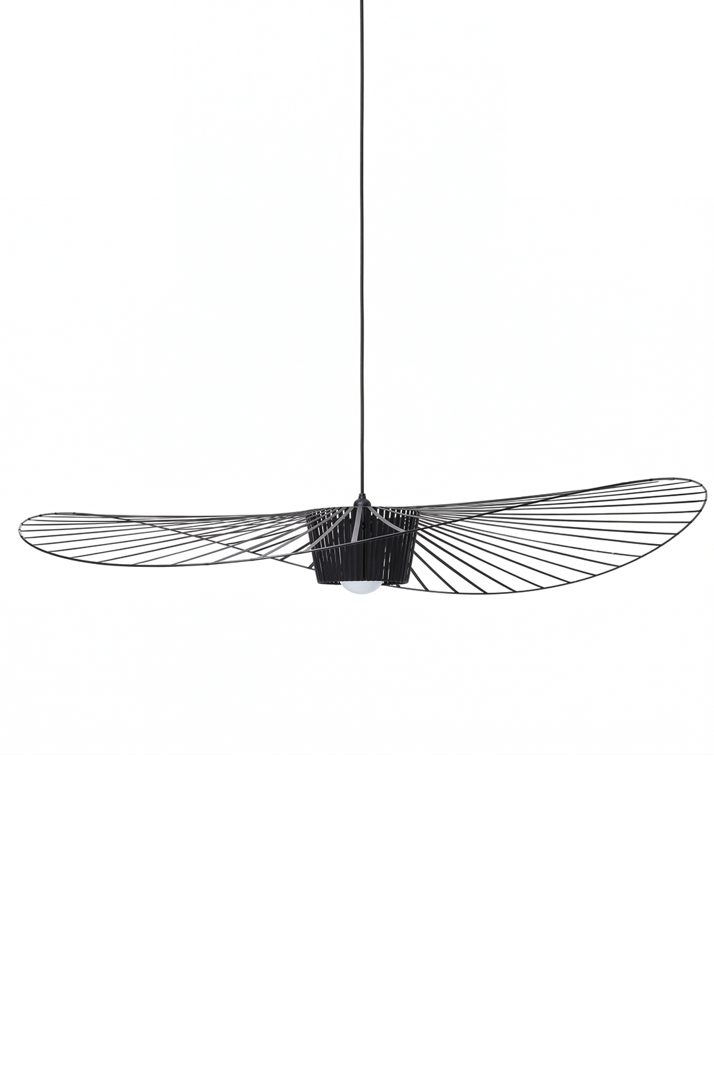 Large black hat-shaped pendant lamp with wide brim | Metal | Polyurethane elastic cloth | Glass fiber | Profile view isolated on white background | vexa lamps