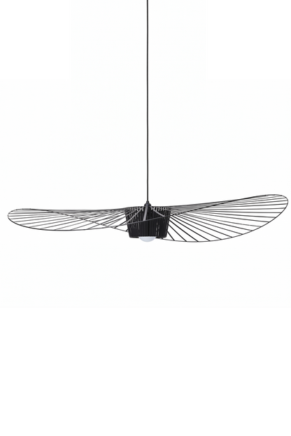 Large black hat-shaped pendant lamp with wide brim | Metal | Polyurethane elastic cloth | Glass fiber | Profile view isolated on white background | vexa lamps