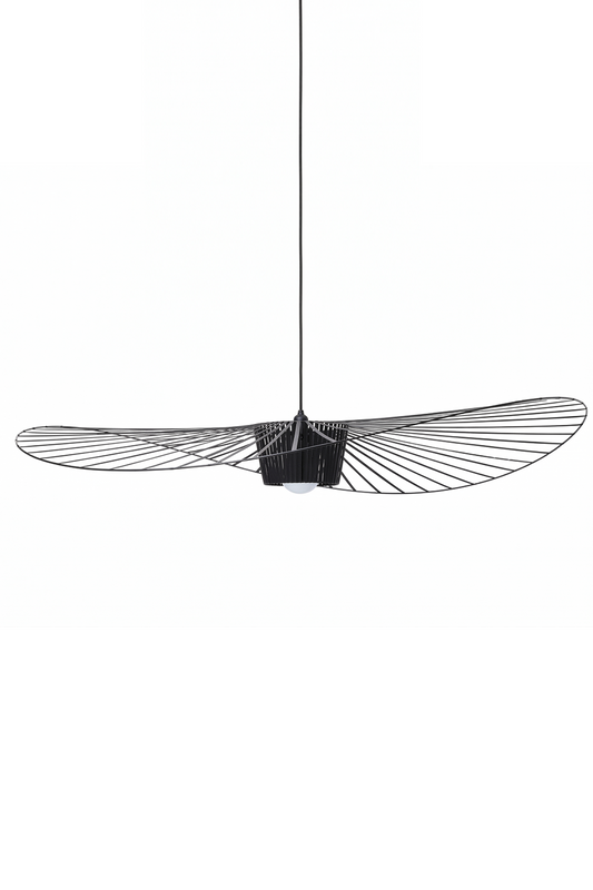 Large black hat-shaped pendant lamp with wide brim | Metal | Polyurethane elastic cloth | Glass fiber | Profile view isolated on white background | vexa lamps