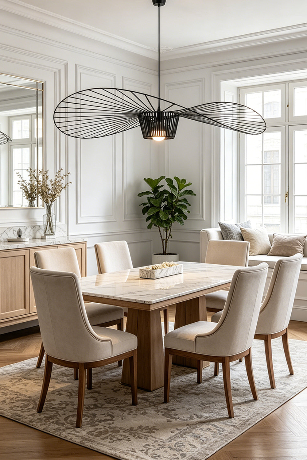 Airy black hat-shaped pendant light | Metal | Polyurethane elastic cloth | Glass fiber | Hanging over a wooden dining table in a bright interior | vexa lamps
