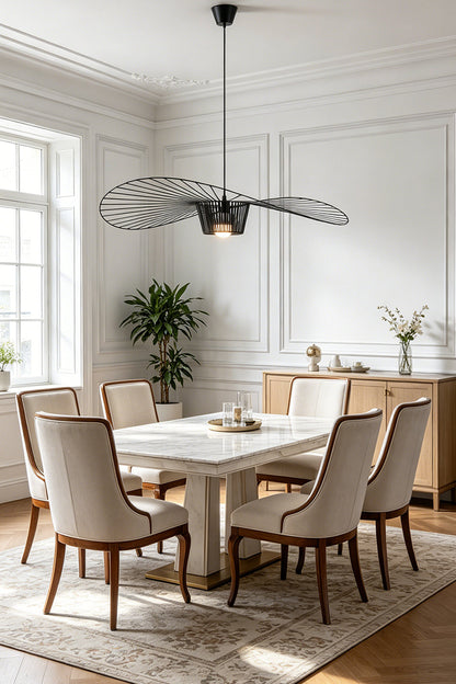Elegant wide-brim hat pendant lamp | Metal | Polyurethane elastic cloth | Glass fiber | Centered in a traditional dining room with beige chairs | vexa lamps
