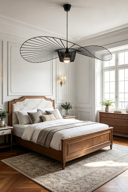 Minimalist black hat ceiling light | Metal | Polyurethane elastic cloth | Glass fiber | Installed in a cozy bedroom above a classic bed | vexa lamps