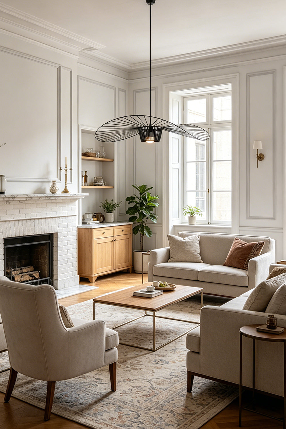 Modern design hat pendant lamp | Metal | Polyurethane elastic cloth | Glass fiber | Hanging in a classic living room with fireplace and sofa | vexa lamps