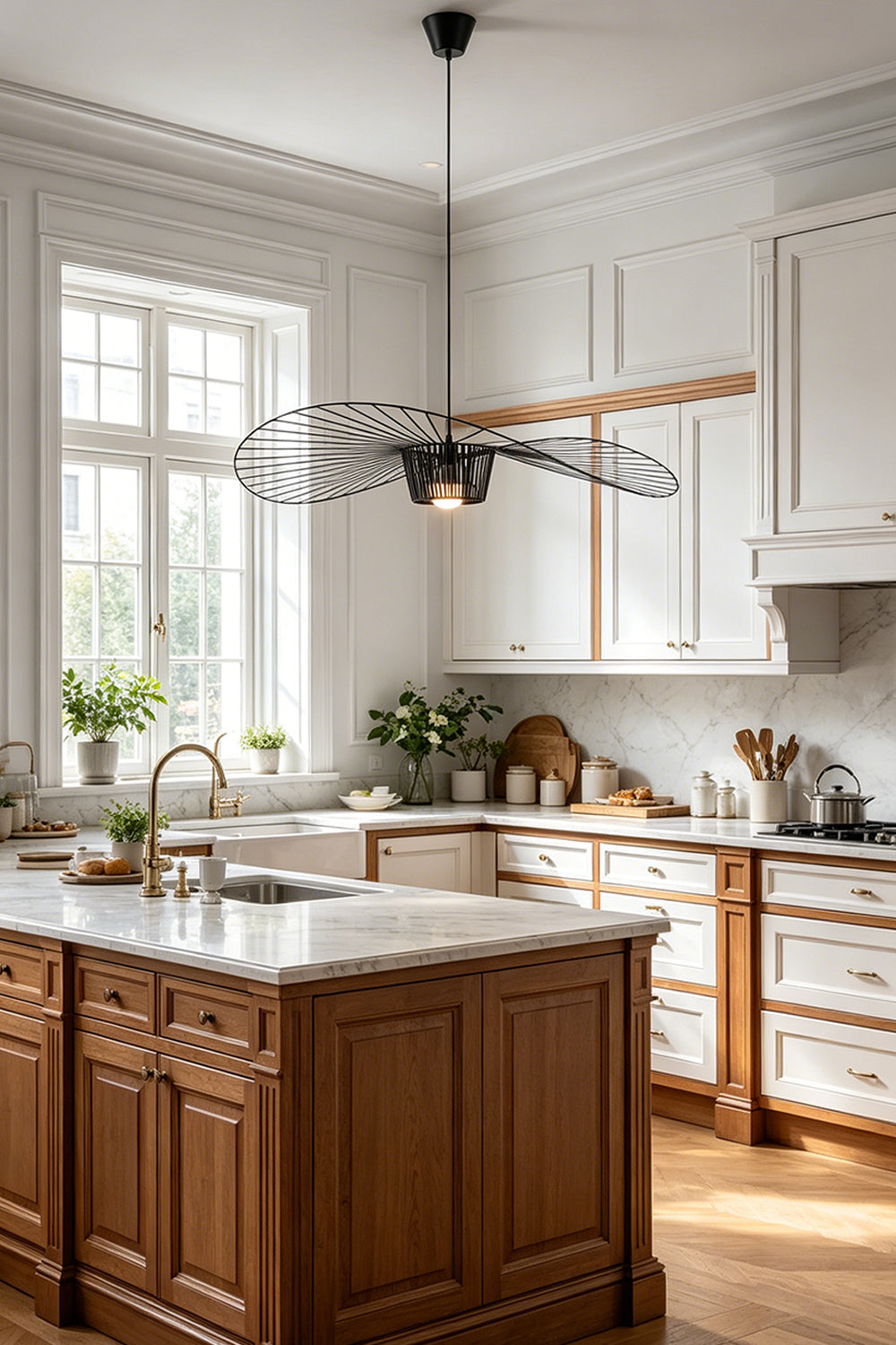 Stylish hat-shaped pendant lighting | Metal | Polyurethane elastic cloth | Glass fiber | Hanging above a wooden kitchen island counter | vexa lamps