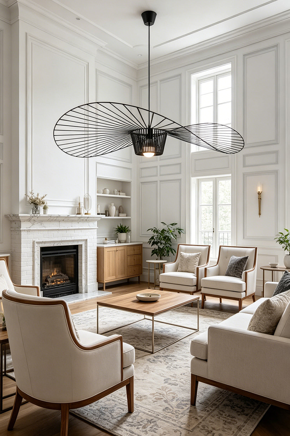 Statement black hat-shaped chandelier | Metal | Polyurethane elastic cloth | Glass fiber | Interior scene view in a spacious bright living room | vexa lamps