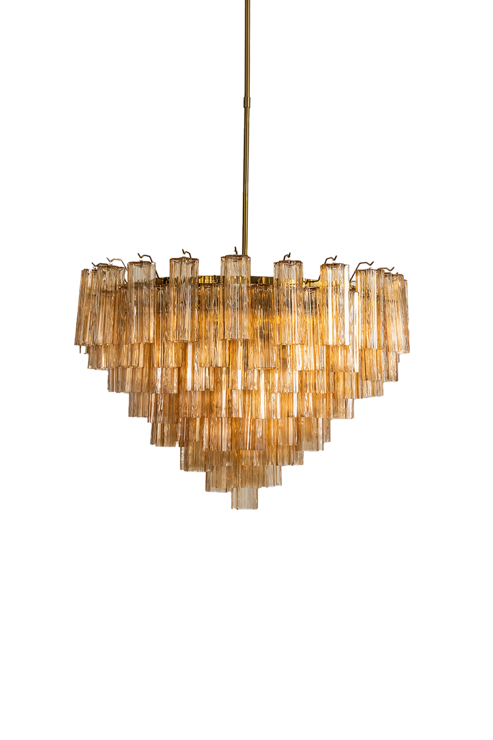 Isadora Tiered Amber Glass Chandelier showcasing amber glass prisms for a warm, luxurious ambiance.