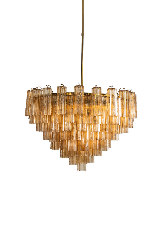 Isadora Tiered Amber Glass Chandelier showcasing amber glass prisms for a warm, luxurious ambiance.