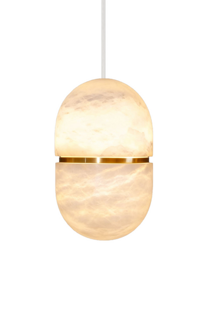 Isaline Banded Capsule Alabaster Pendant Light showcasing its elegant design and warm glow, ideal for artsy or minimalist interiors.