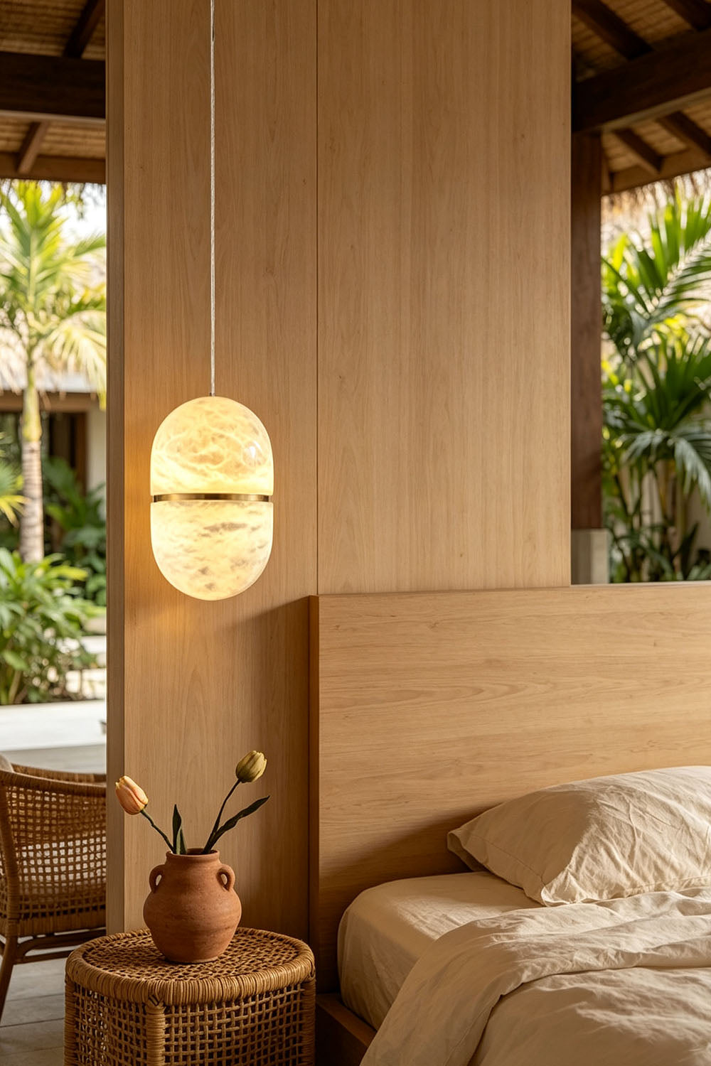 Isaline Banded Capsule Alabaster Pendant Light in a cozy bedroom setting with wooden walls and modern decor.