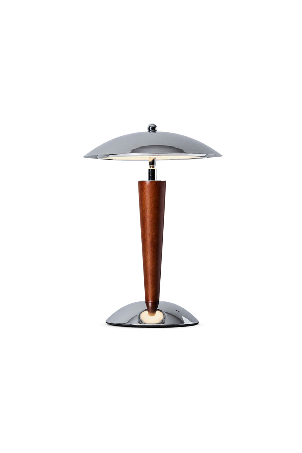 Isolde Domed Walnut Table Lamp | Walnut Wood, Chrome | Isolated unlit view of a modern mid-century mushroom-shaped table lamp featuring a polished chrome dome shade, tapered walnut wood stem, and a round metallic base | White background | vexa lamps