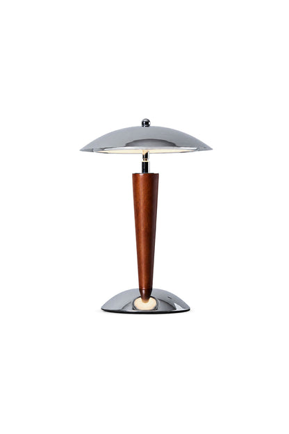 Isolde Domed Walnut Table Lamp | Walnut Wood, Chrome | Isolated unlit view of a modern mid-century mushroom-shaped table lamp featuring a polished chrome dome shade, tapered walnut wood stem, and a round metallic base | White background | vexa lamps