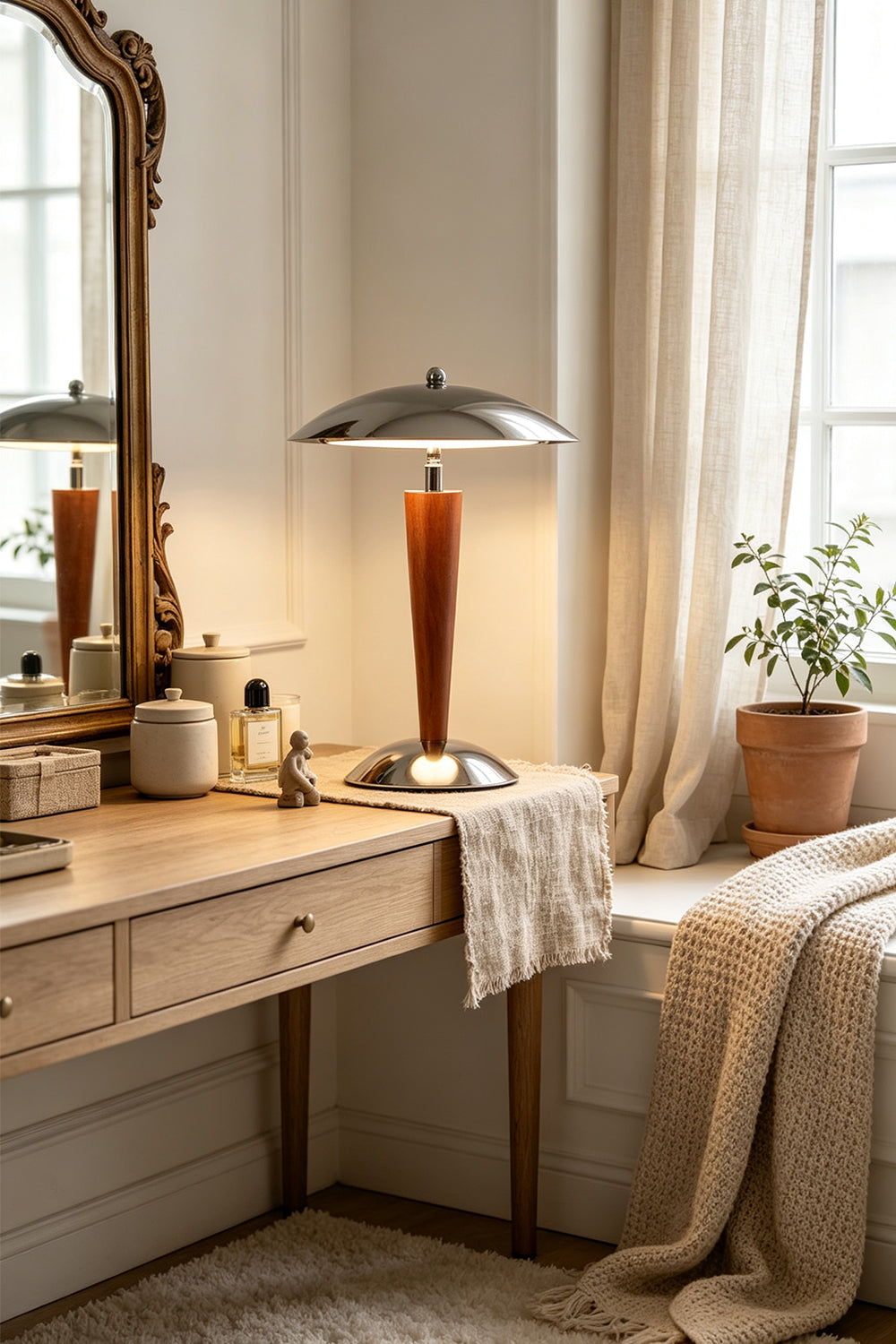 Isolde Domed Walnut Table Lamp | Vanity Desk Decor | Standing illuminated as a stylish accent light on a wooden dressing table next to a classic carved mirror in a sunlit room | vexa lamps