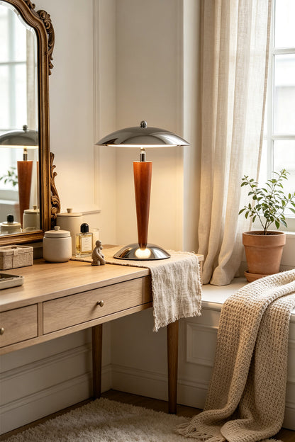 Isolde Domed Walnut Table Lamp | Vanity Desk Decor | Standing illuminated as a stylish accent light on a wooden dressing table next to a classic carved mirror in a sunlit room | vexa lamps