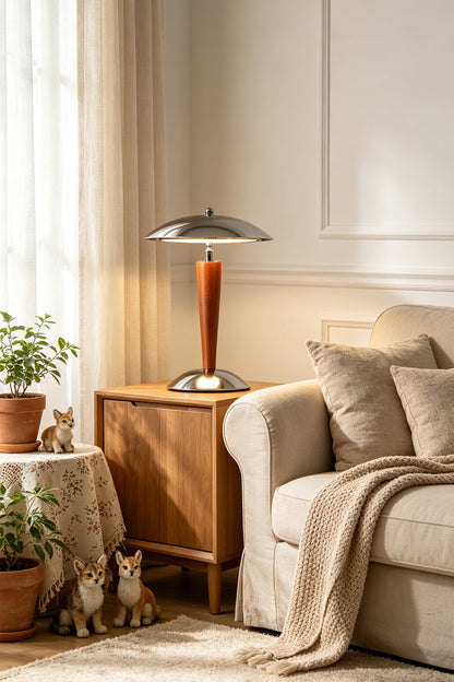 Isolde Domed Walnut Table Lamp | Living Room Light | Providing a warm cozy ambient glow on a wooden side table next to a cream fabric sofa and indoor house plants | vexa lamps