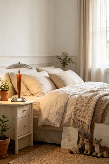 Isolde Domed Walnut Table Lamp | Bedside Reading Lamp | Staged gracefully on a white nightstand casting a warm downward glow next to a bed with cozy wrinkled linens | vexa lamps