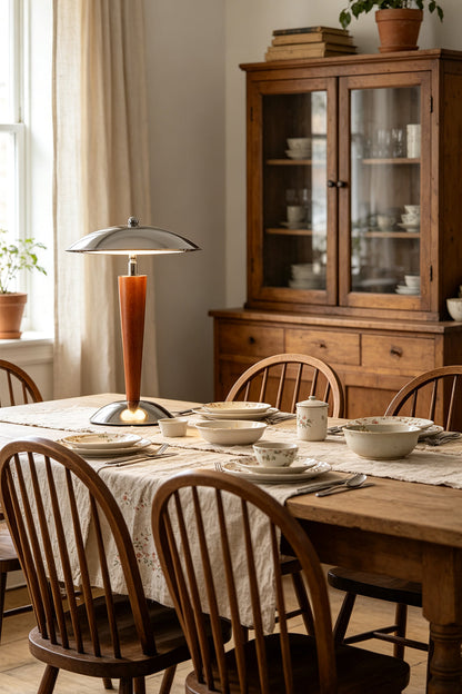 Isolde Domed Walnut Table Lamp | Dining Table Centerpiece | Positioned as a charming illuminated centerpiece on a long rustic wooden dining table with high-back wooden chairs | vexa lamps