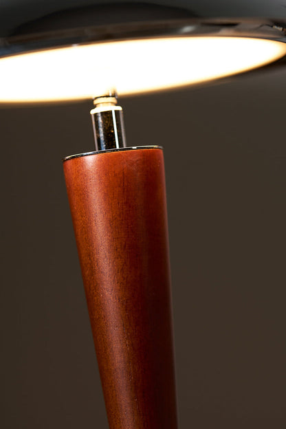 Isolde Domed Walnut Table Lamp | Walnut Stem Detail | Macro close-up shot focusing on the smooth organic grain of the tapered walnut wood body and the chrome neck connector | Detail shot | vexa lamps