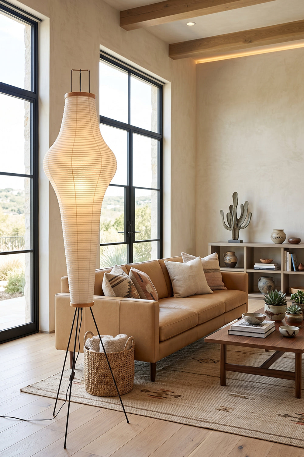 Isolde Ribbed Paper Column Floor Lamp illuminating a cozy living room with light-colored furniture and decor.