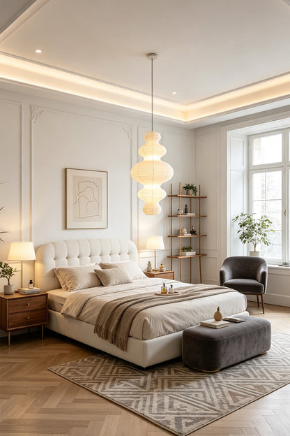 Isolde Stacked Paper Pendant Lamp | Textured Ribbed Paper | Hanging gracefully above a cozy bed in a modern bedroom with warm ambient lighting | vexa lamps