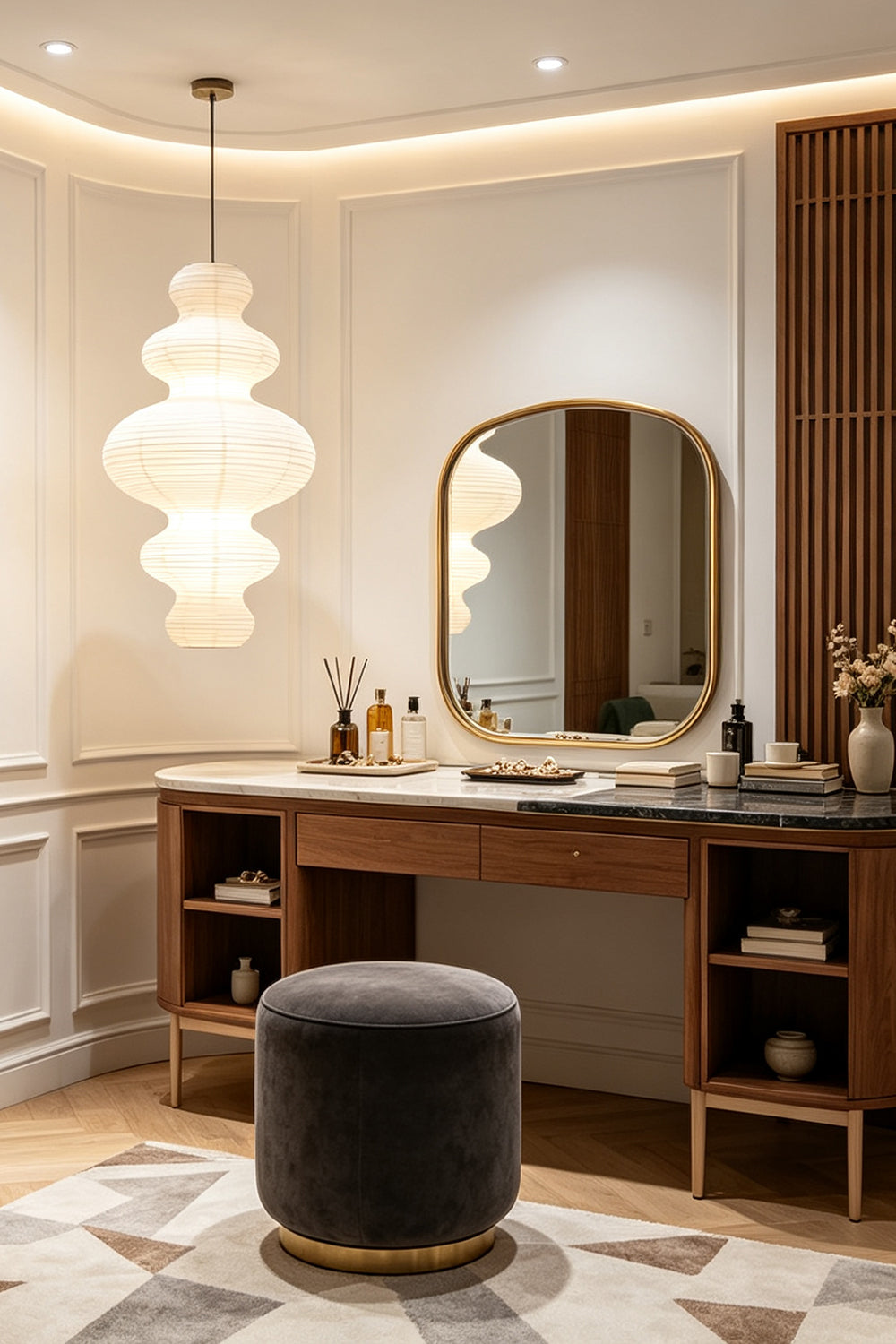 Isolde Stacked Paper Pendant Lamp | Textured Ribbed Paper | Illuminating a stylish wooden makeup vanity table with a round mirror and dark stool | vexa lamps