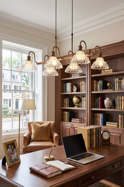 Isolde Vintage Glass Long Chandelier | Home Office Lighting | Suspended gracefully as a statement ceiling lamp in a refined traditional study room above a dark wood executive writing desk | vexa lamps