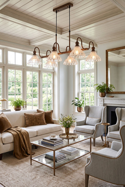 Isolde Vintage Glass Long Chandelier | Kitchen Island Lighting | Hanging as a timeless centerpiece over a modern white kitchen island breakfast bar paired with elegant counter stools | vexa lamps