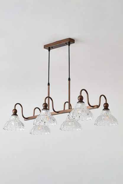 Isolde Vintage Glass Long Chandelier | Studio Lit View | Fully illuminated multi-light vintage linear pendant lamp casting a bright ambient glow against a clean white backdrop | vexa lamps