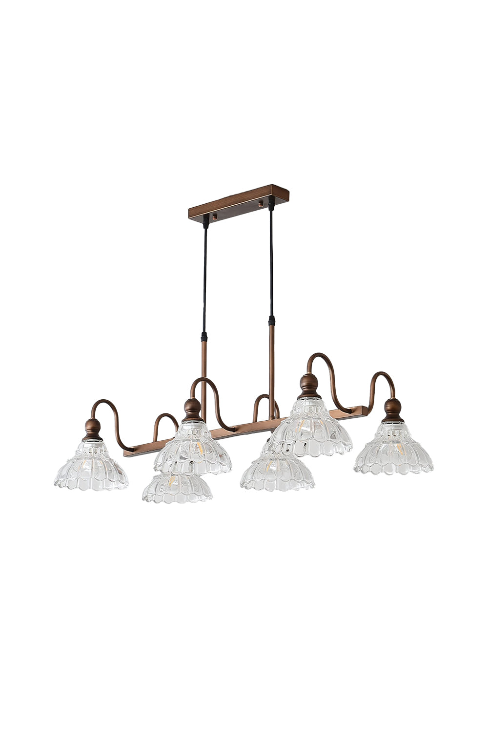 Isolde Vintage Glass Long Chandelier | Textured Glass, Bronze | Isolated lit view of a traditional vintage-style multi-light linear island chandelier featuring ruffled scalloped clear glass shades on an elegant dark bronze linear frame with curved arms | White background | vexa lamps