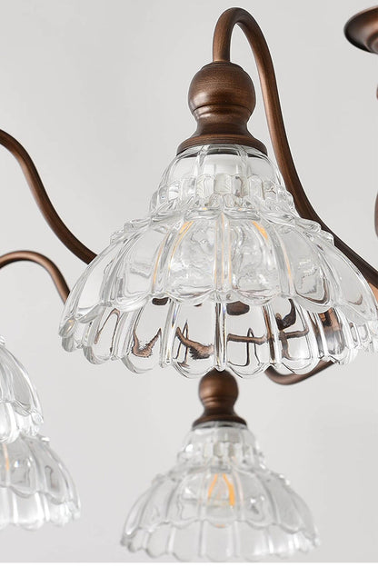 Isolde Vintage Scalloped Glass Chandelier | Clear Glass Detail | Studio presentation of the multi-light fixture highlighting the crisp transparency of the scalloped glass dome shades | vexa lamps