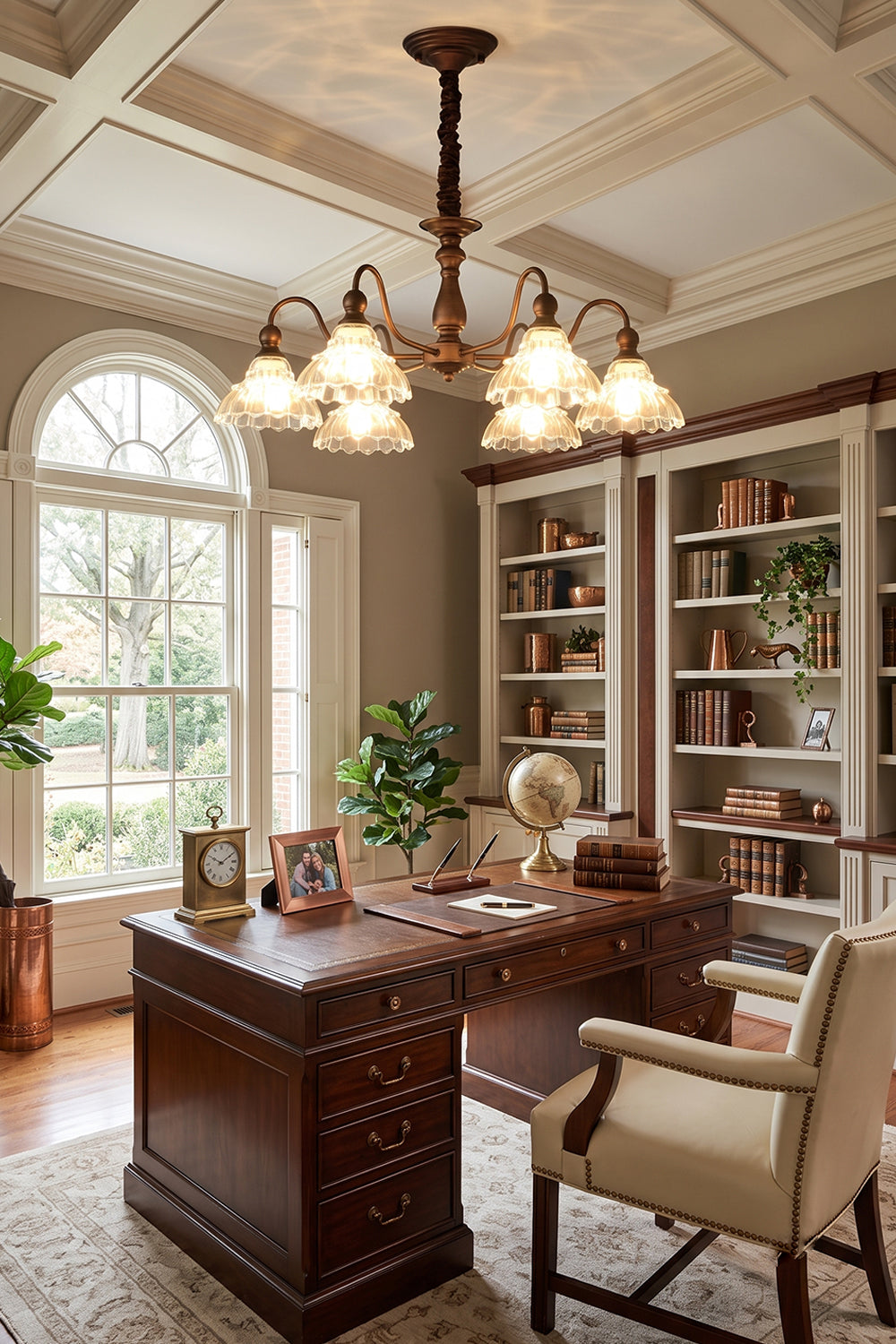 Isolde Vintage Scalloped Glass Chandelier | Home Office Light | Mounted gracefully as a statement ceiling lamp in a traditional wood-paneled study room above a large executive writing desk | vexa lamps