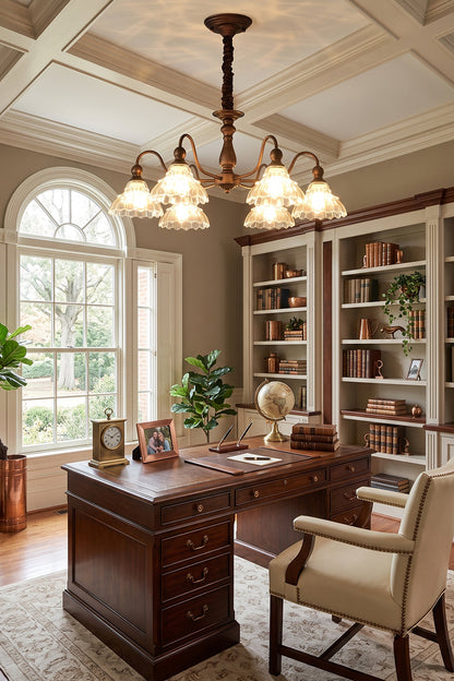 Isolde Vintage Scalloped Glass Chandelier | Home Office Light | Mounted gracefully as a statement ceiling lamp in a traditional wood-paneled study room above a large executive writing desk | vexa lamps