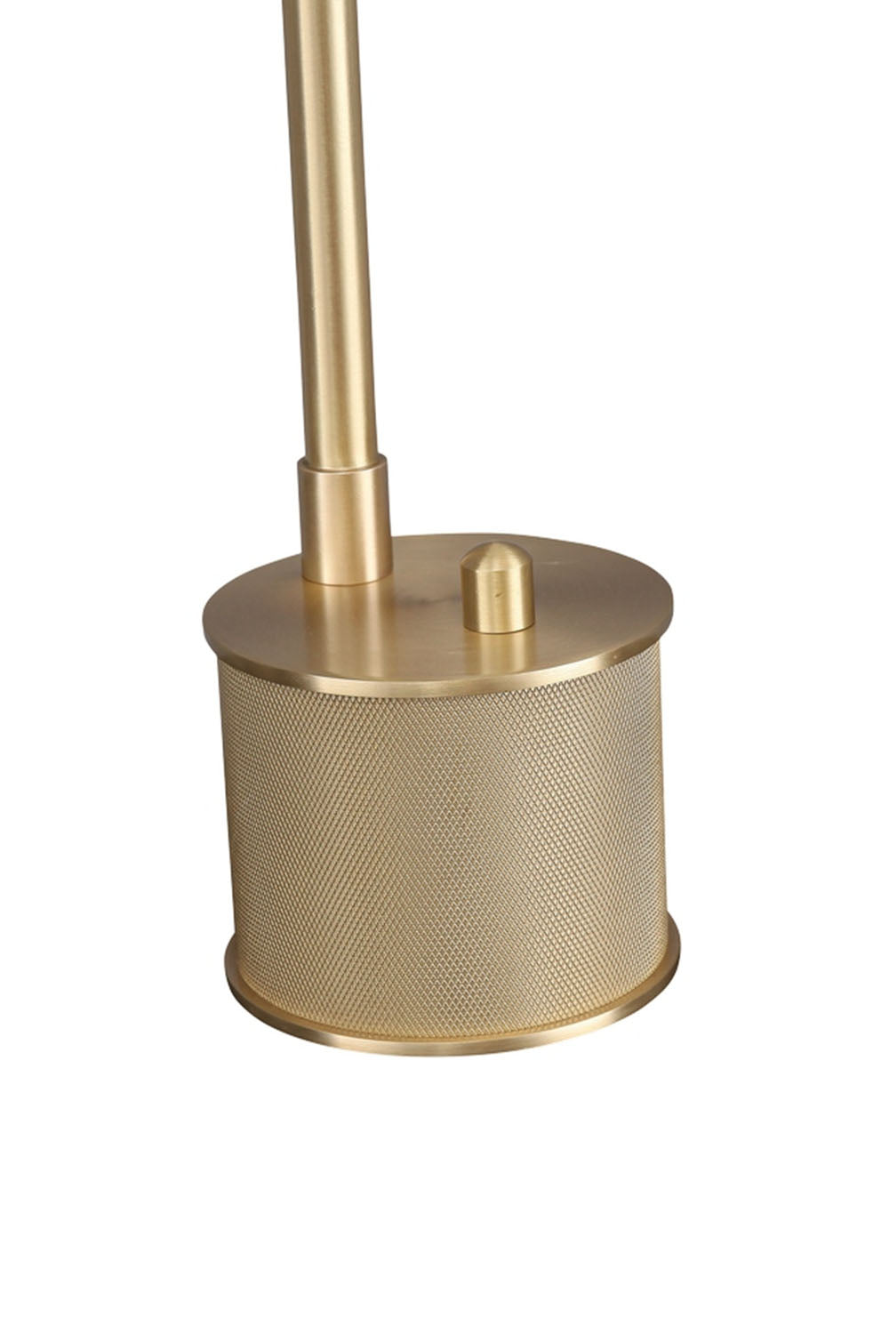 Ivor Knurled Brass Task Table Lamp | Knurled Brass and Metal | Detail view of the brushed brass base and toggle switch on a plain backdrop | vexa lamps