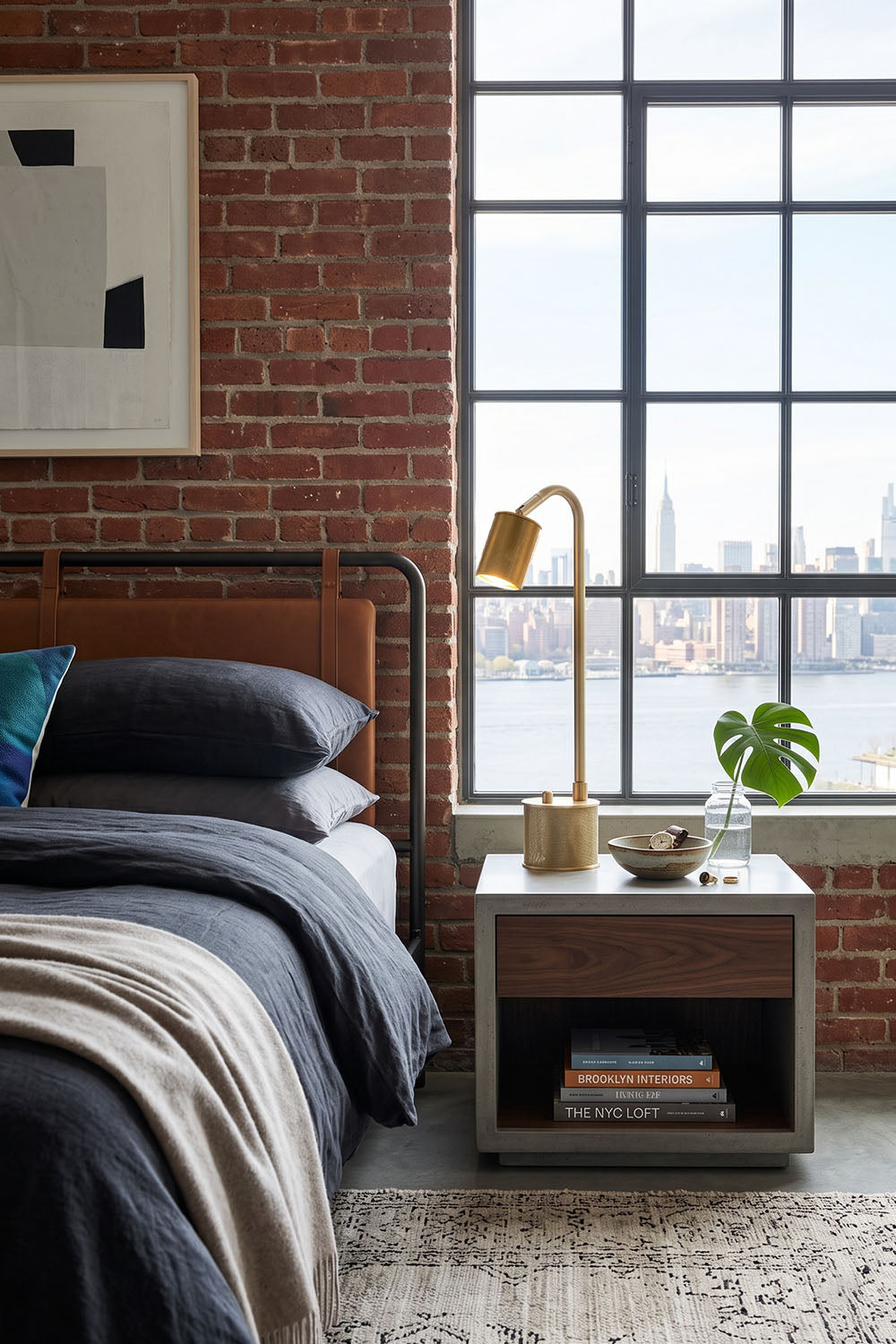 Ivor Knurled Brass Task Table Lamp | Knurled Brass and Metal | Standing on a wooden nightstand in an industrial bedroom with brick walls | vexa lamps