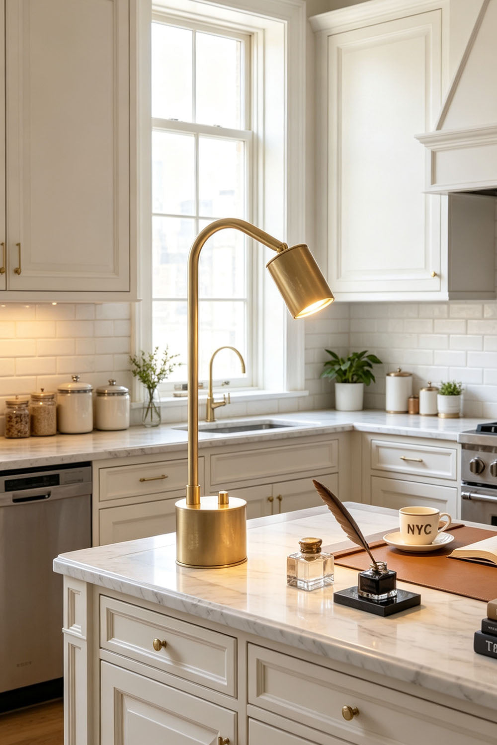 Ivor Knurled Brass Task Table Lamp | Knurled Brass and Metal | Displayed on a white marble kitchen island counter | vexa lamps