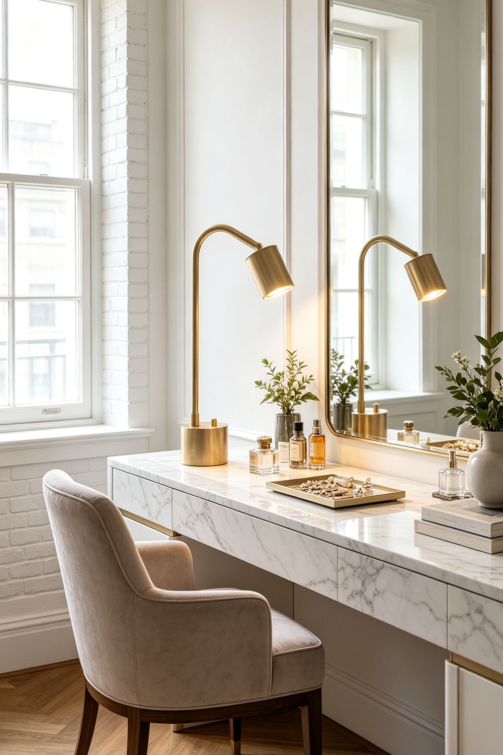 Ivor Knurled Brass Task Table Lamp | Knurled Brass and Metal | Styled on a marble vanity dressing table beside a large mirror | vexa lamps