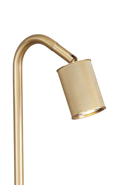 Ivor Knurled Brass Task Table Lamp | Knurled Brass and Metal | Close-up shot showing the curved gooseneck arm and adjustable shade head | vexa lamps