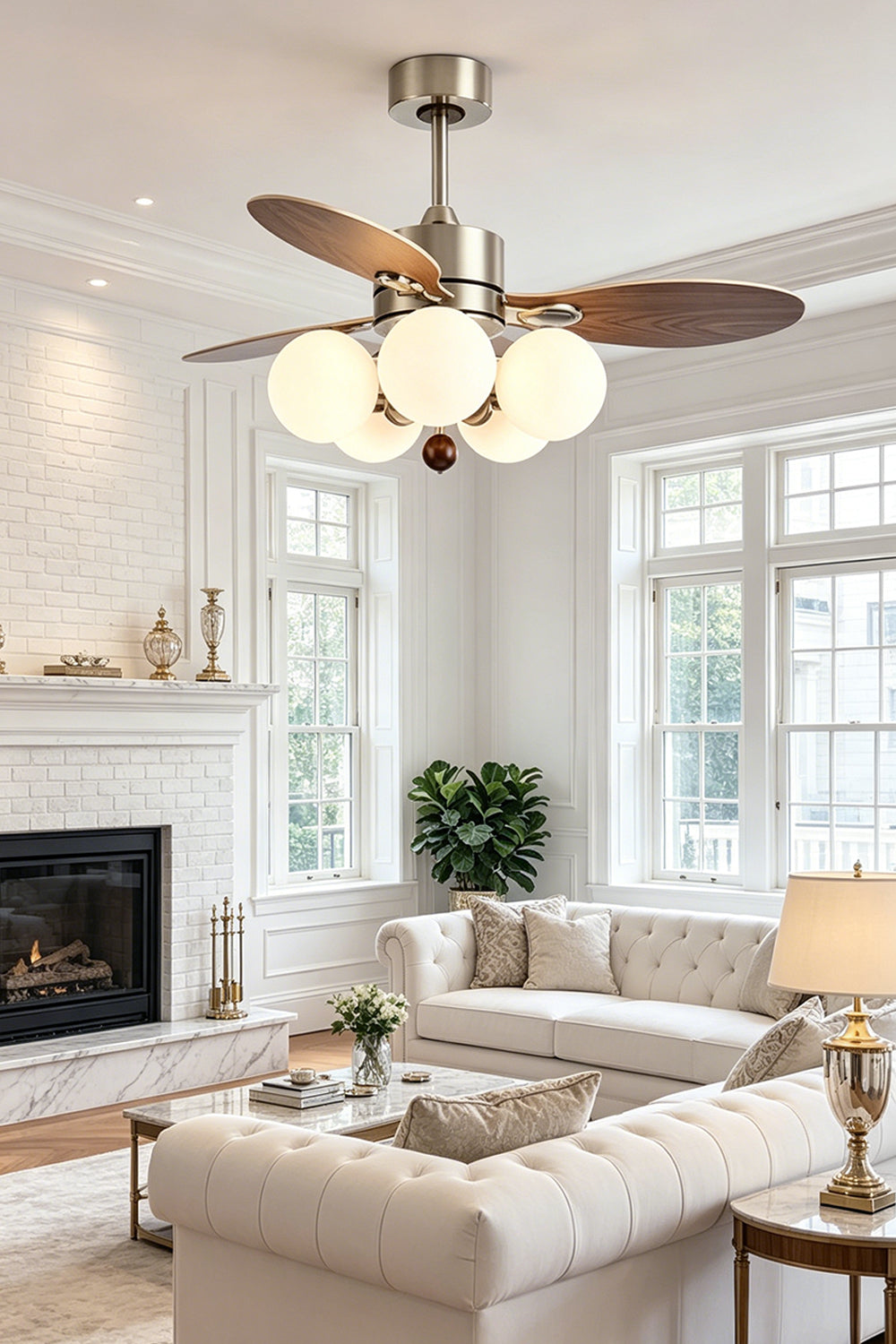 Keller Wooden Ceiling Fan Light | Wood, Glass, Metal | Providing functional breeze and warm lighting in a spacious luxury living room with a classic fireplace and cream sofas | vexa lamps