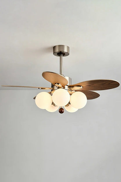 Keller Wooden Ceiling Fan Light | Wood, Glass, Metal | Studio front view of the fully illuminated wooden ceiling fan fixture hanging against a plain off-white background wall | vexa lamps