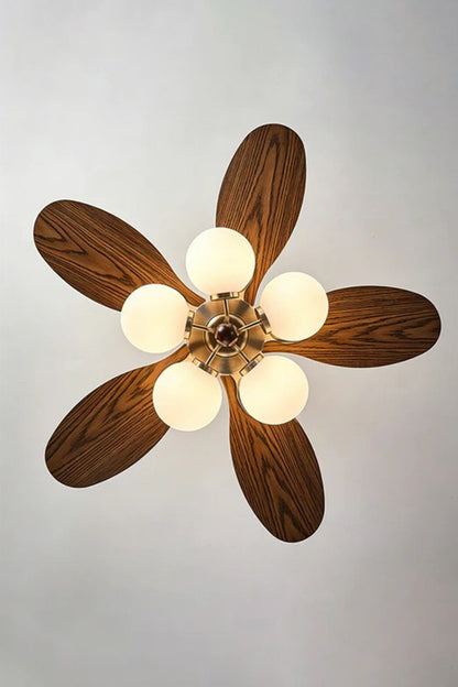 Keller Wooden Ceiling Fan Light | Wood, Glass, Metal | Direct bottom-up view showcasing the symmetrical arrangement of the five dark wood blades and five glowing white glass globes | Detail shot | vexa lamps