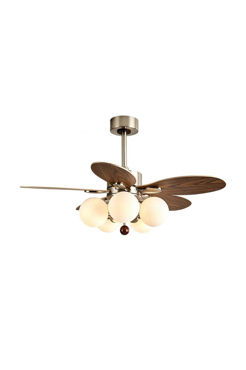 Keller Wooden Ceiling Fan Light | Wood, Glass, Metal | Isolated lit product view of a modern classical ceiling fan featuring five curved dark walnut wood blades and a cluster of five frosted white glass globe lights on a brushed nickel motor housing | White background | vexa lamps