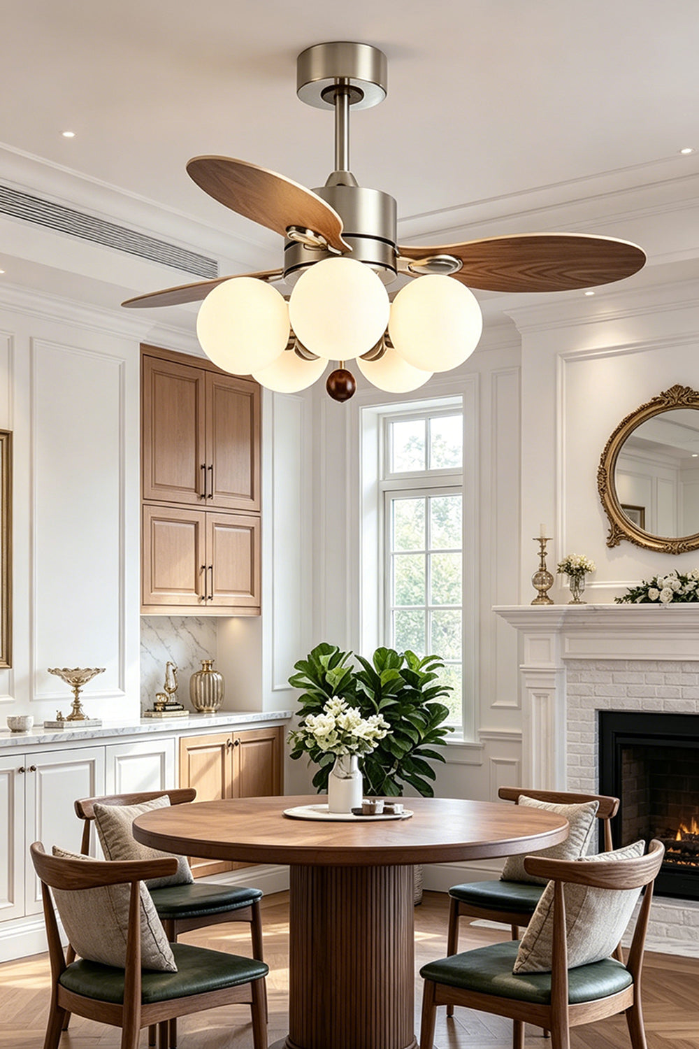 Keller Wooden Ceiling Fan Light | Wood, Glass, Metal | Positioned gracefully as a centerpiece over a round wooden dining table in a bright classical dining space | vexa lamps