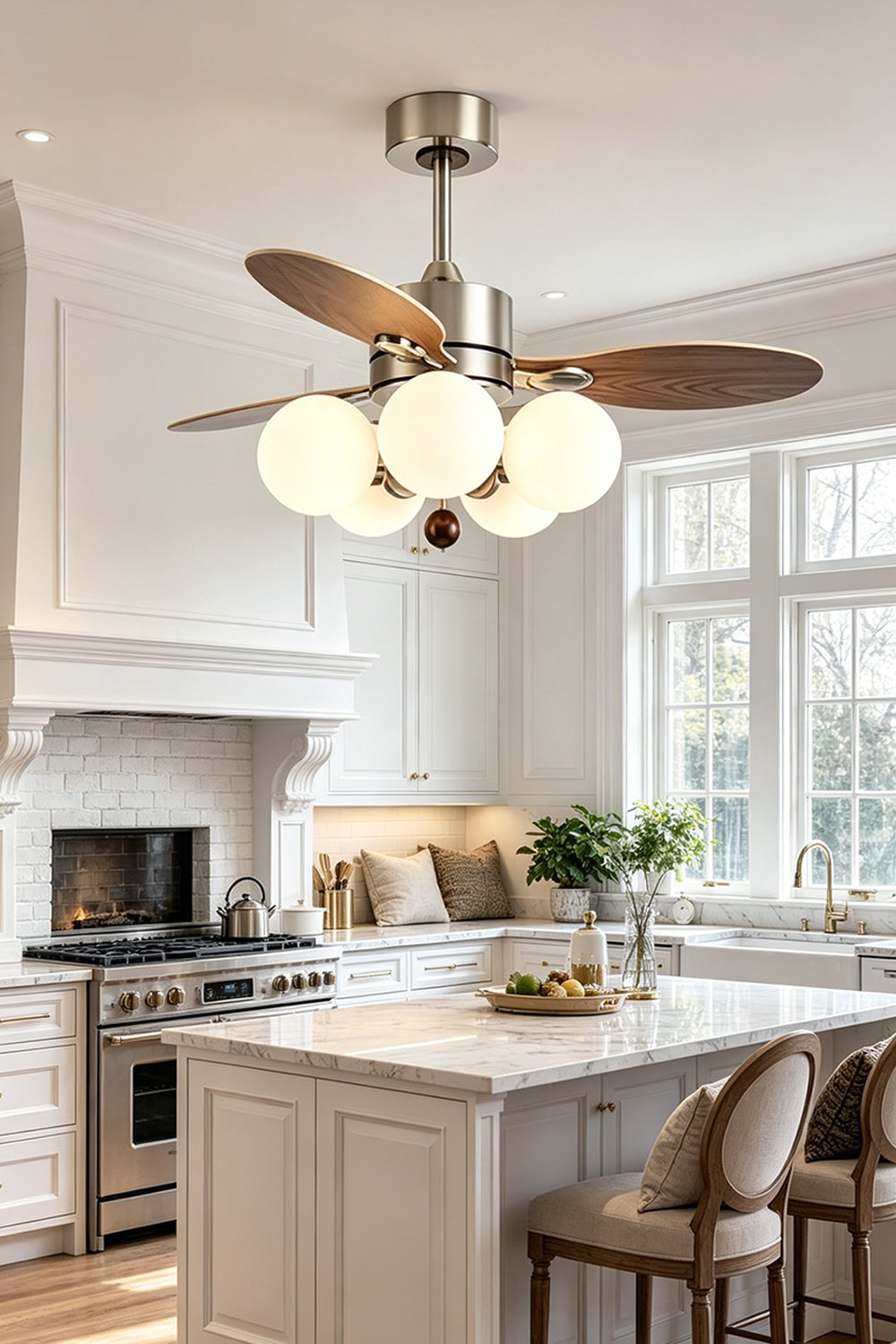 Keller Wooden Ceiling Fan Light | Wood, Glass, Metal | Suspended beautifully over a pristine white classical kitchen island counter with upholstered bar stools | vexa lamps