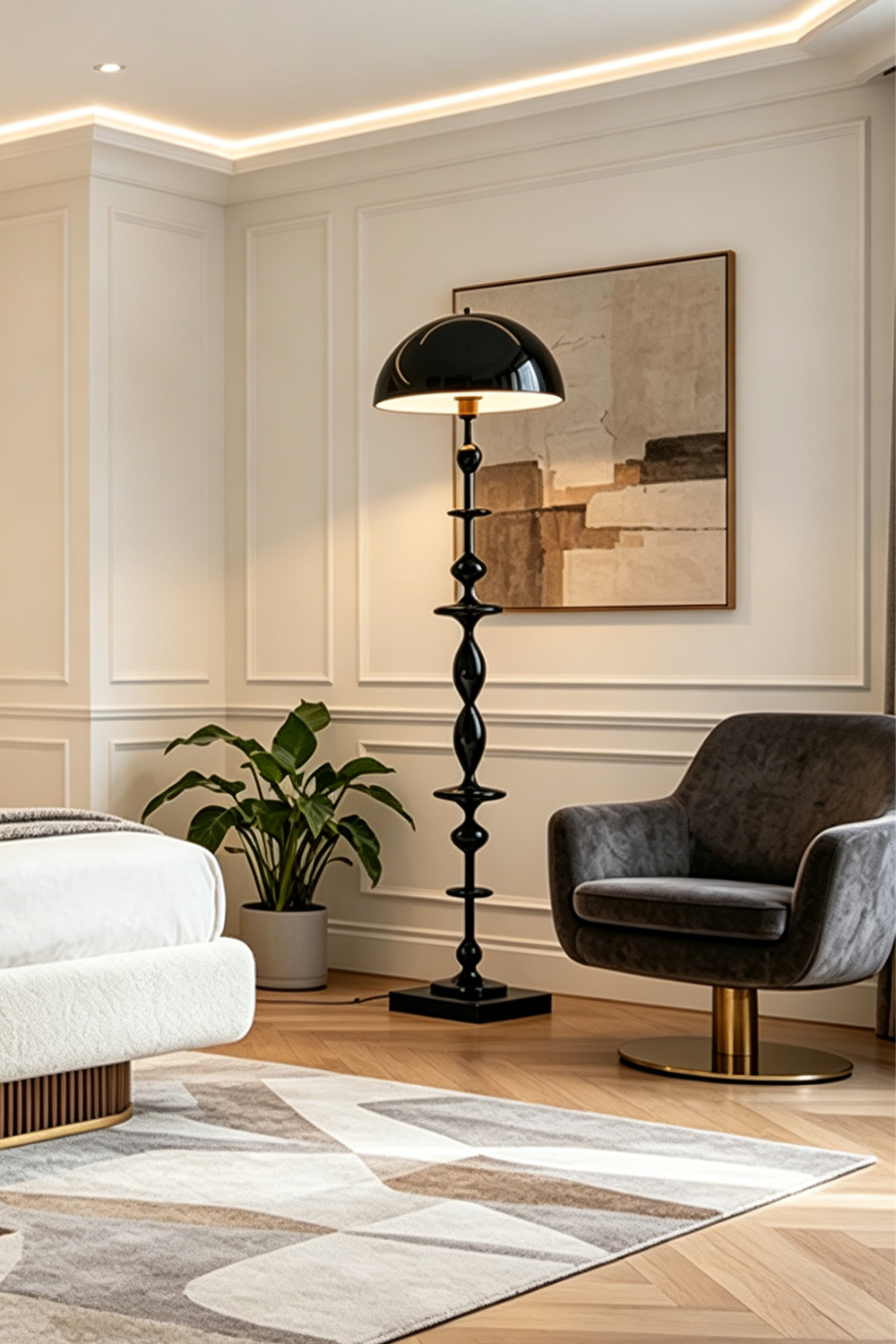Kira Beaded Mushroom Floor Lamp | Metal, Glossy Finish | Styled in a minimalist lounge area next to a dark grey swivel armchair and abstract wall art | vexa lamps
