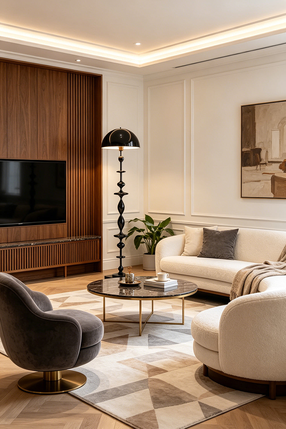 Kira Beaded Mushroom Floor Lamp | Metal, Glossy Finish | Set in a modern living space next to a chic grey armchair and minimalist coffee table, casting an upscale vibe | vexa lamps