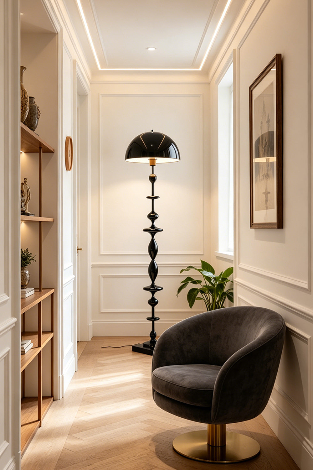 Kira Beaded Mushroom Floor Lamp | Metal, Glossy Finish | Placed as a statement piece in a bright hallway near a velvet accent armchair and built-in bookshelves | vexa lamps
