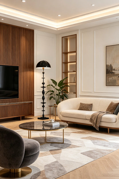 Kira Beaded Mushroom Floor Lamp | Metal, Glossy Finish | The black version standing in a contemporary living room featuring rich wood wall paneling and a cream sofa | vexa lamps