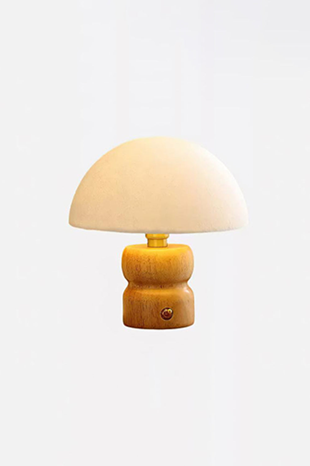 Kira Sculpted Mushroom Table Lamp | Wood, Glass | Studio mockup view of the fully illuminated mushroom table lamp centered against a neutral grey wall backdrop | vexa lamps