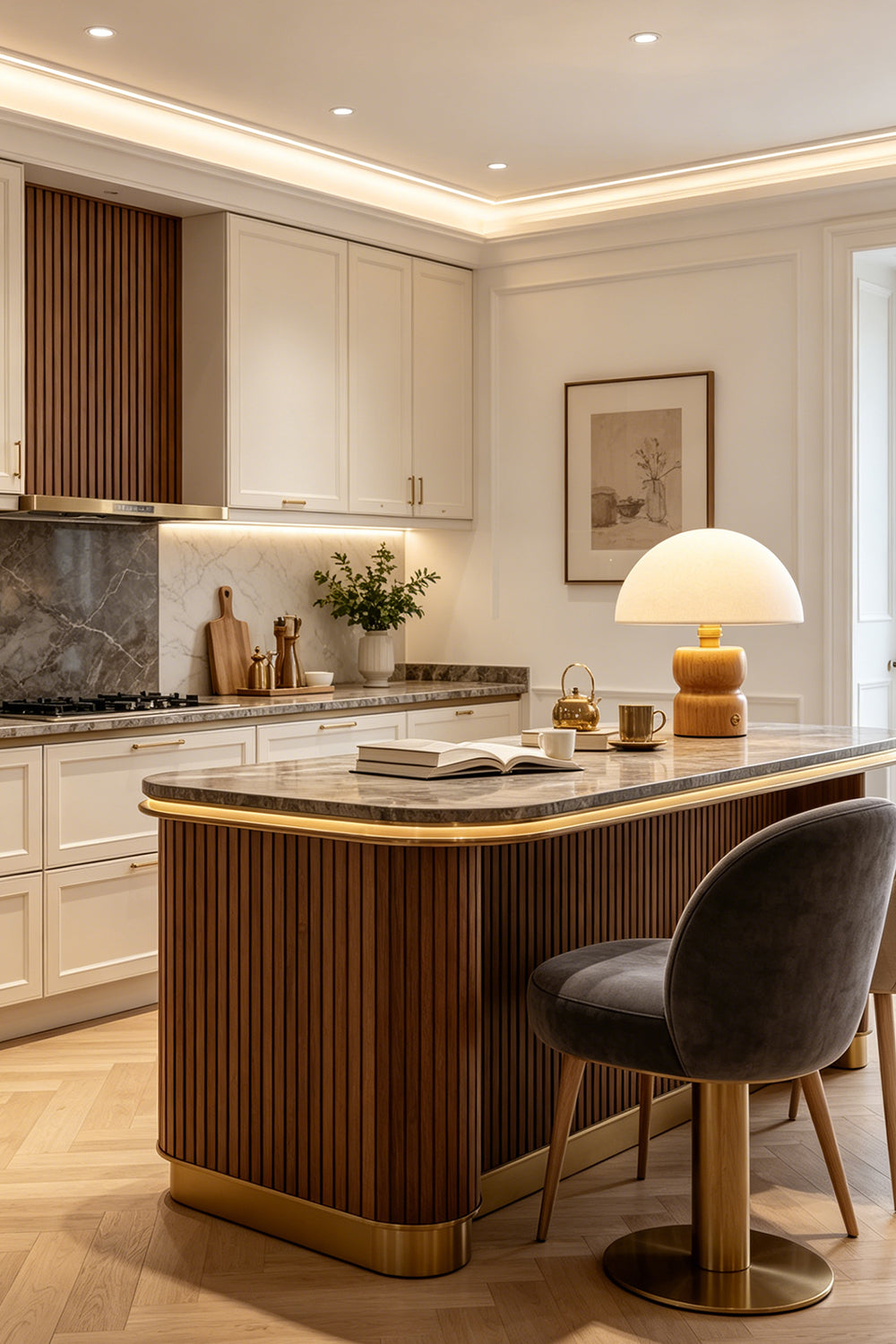 Kira Sculpted Mushroom Table Lamp | Wood, Glass | Standing as a warm accent on a modern wood kitchen island with brass trims and dark upholstered bar stools | vexa lamps